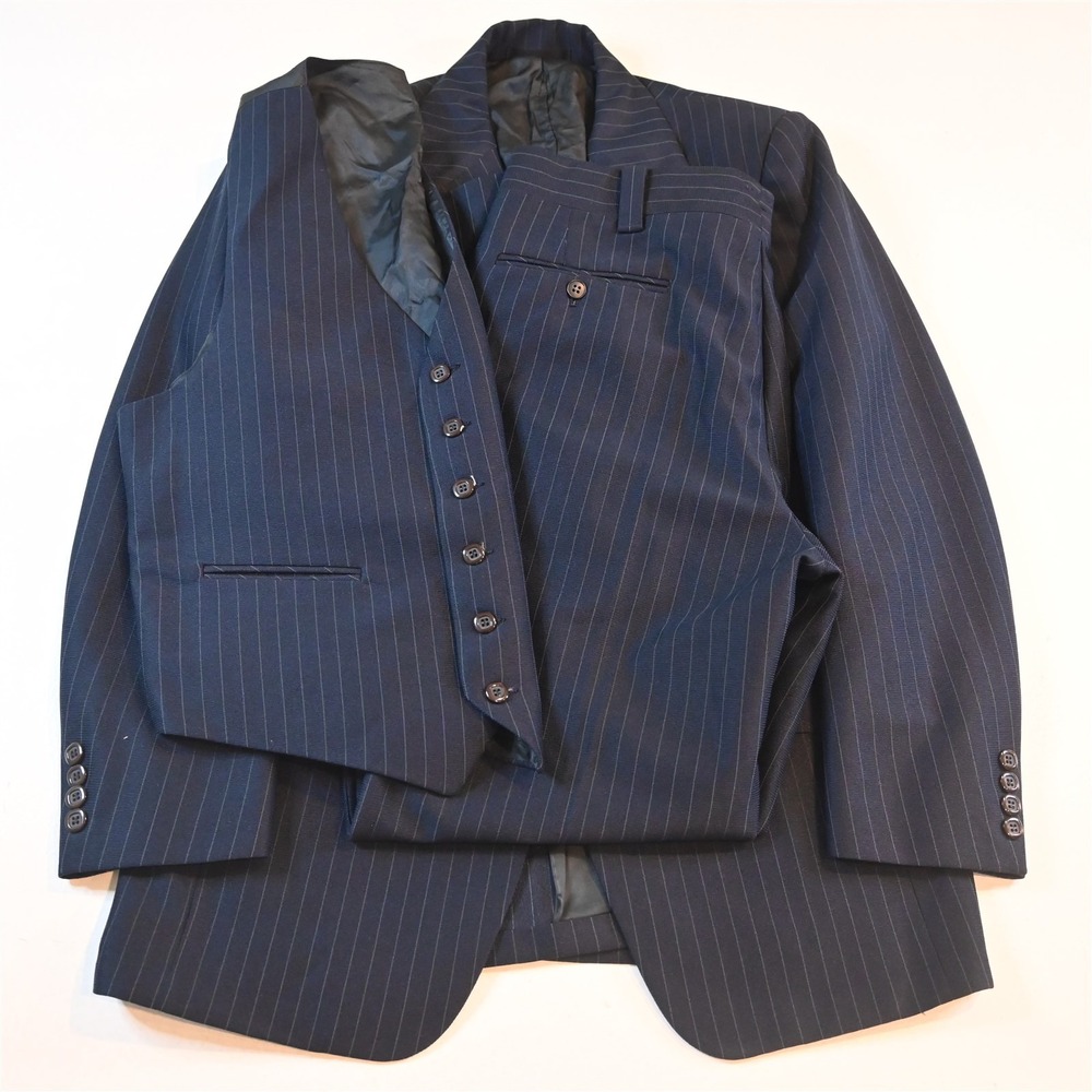 Vtg Mens 3 Piece 40R 34x32 Navy‎ Blue Striped Bell Bottom Vest Jacket Pants Suit